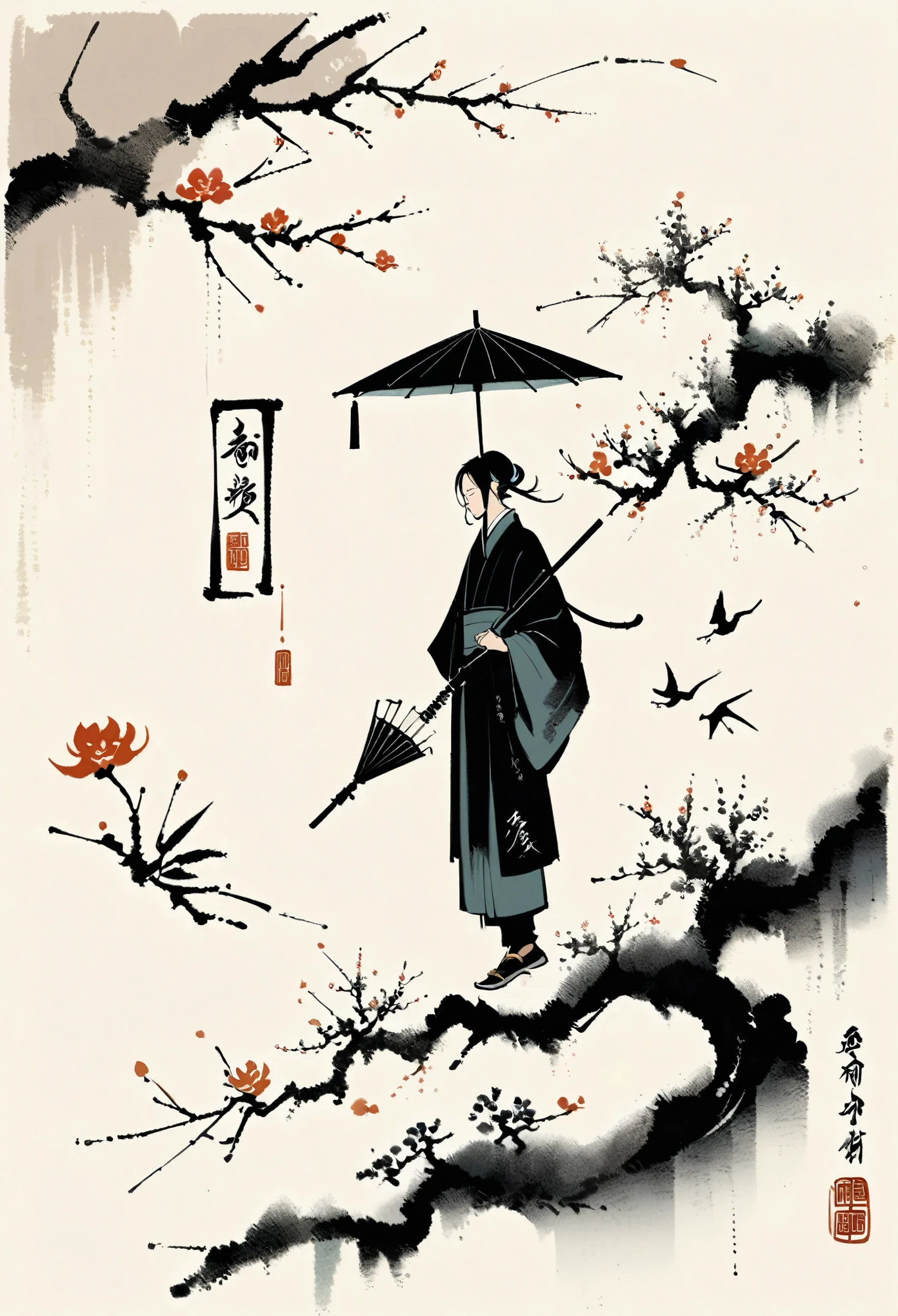 Bada Shanren style,Chinese Ink Painting，Simple style，Written in uppercase，A very simple picture，Falling Flowers，umbrella，