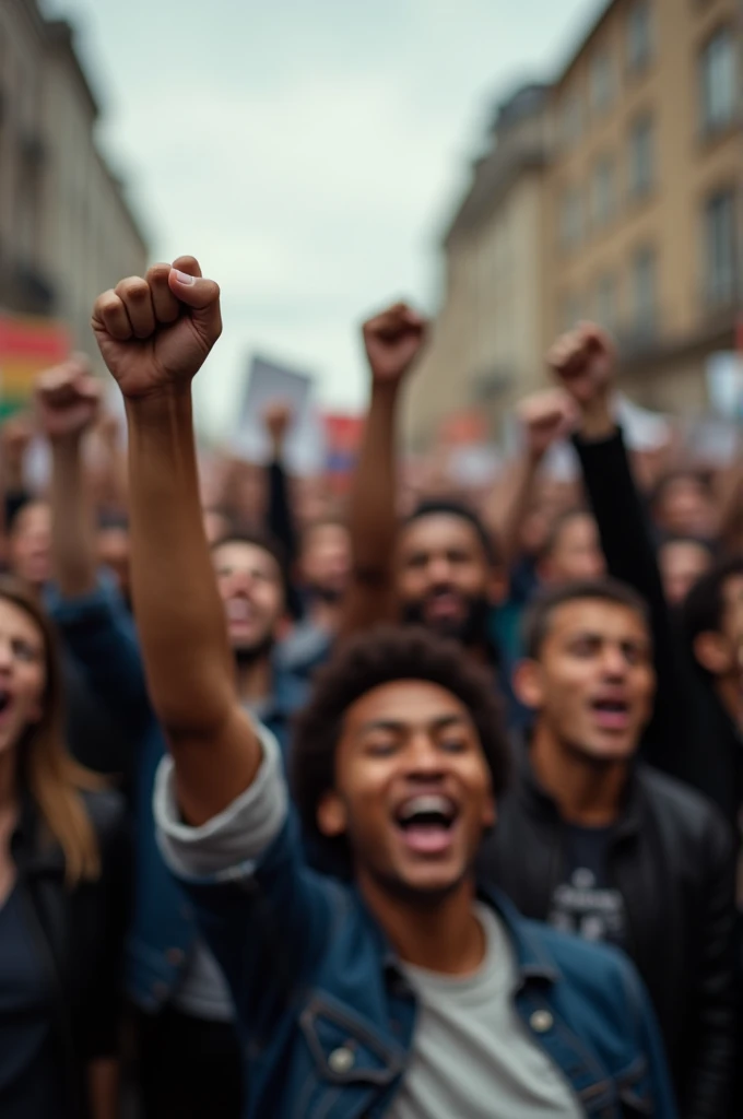 Create a 6 x 3 inch background, vertical, where you see a crowd protesting with their fists raised, The whole frame is slightly out of focus