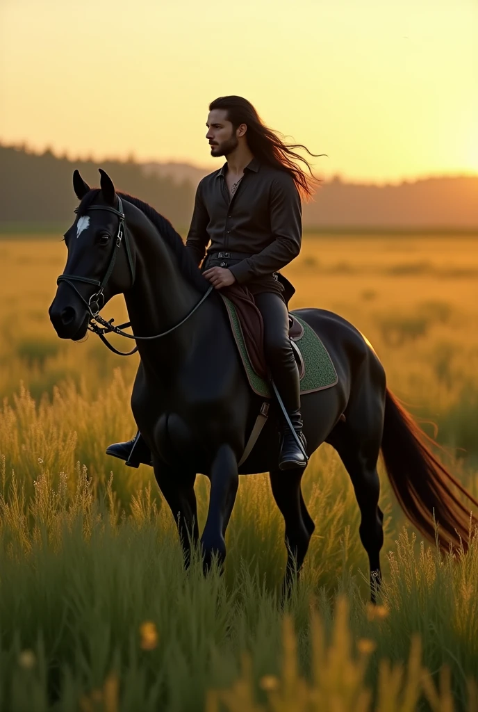 Male long hair beautiful high grass black horse sunlight
