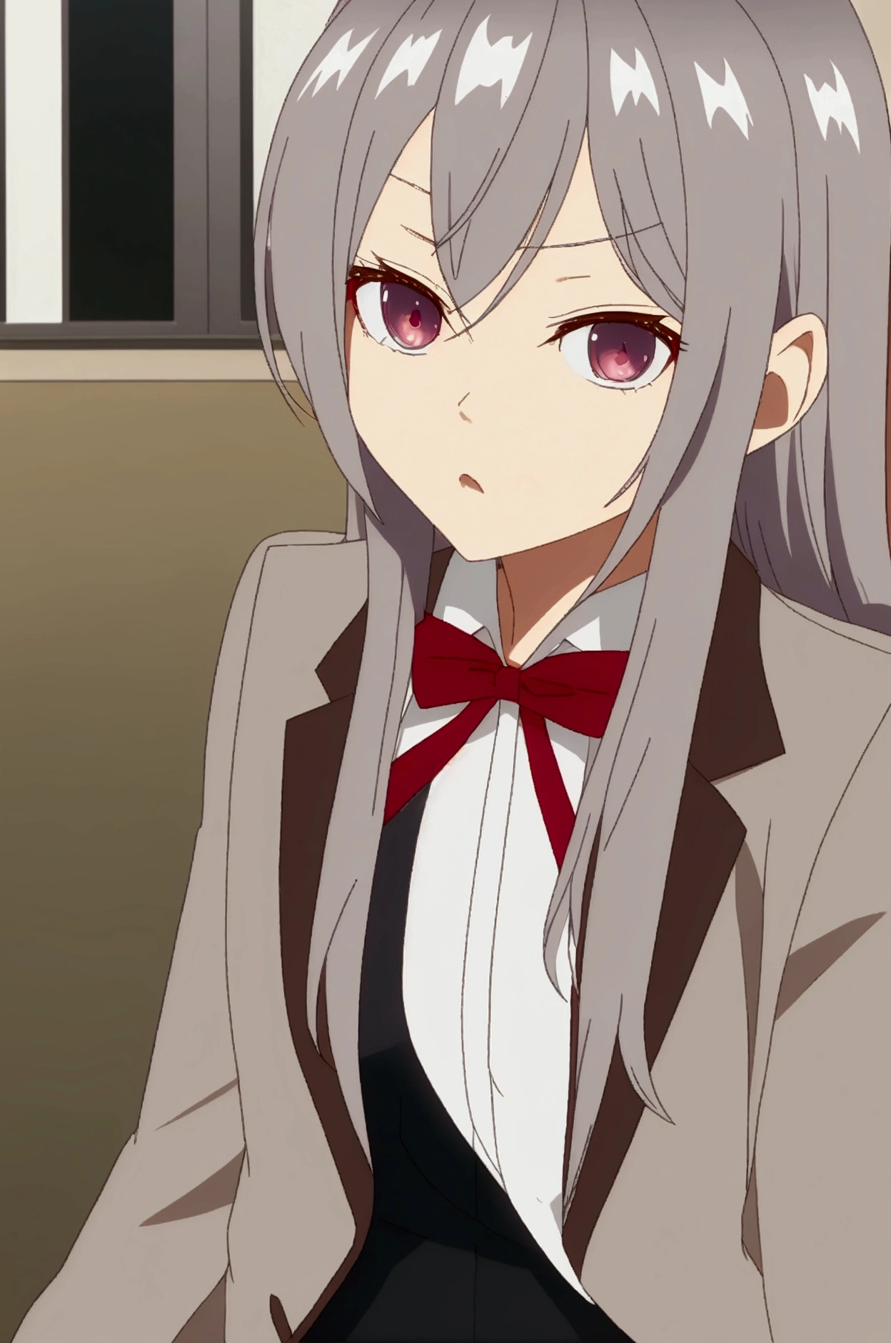 アニメ, female character ,alya-san,beautiful silver hair with a ribbon tied ,student uniform ,medium breasts ,ultra quality .