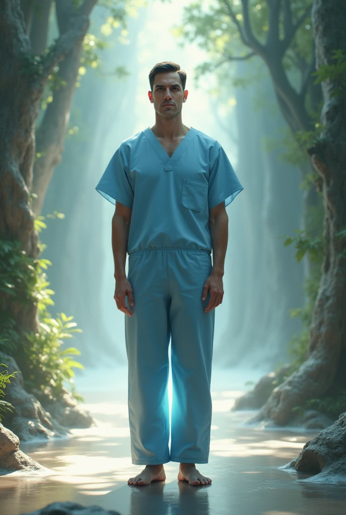 A white Caucasian man in his 40s, barefoot, facing forward. short black hair. Without beard. Wearing a light blue nurse-style overall. realist. In a spiritual environment. Without beard.