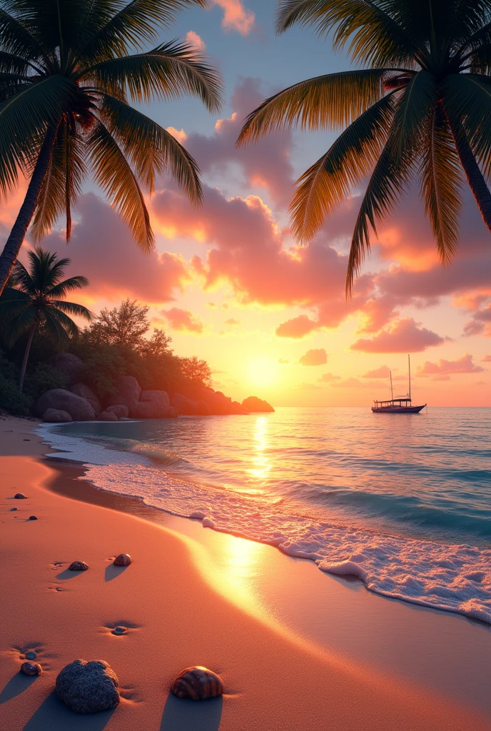 A serene tropical beach at sunset with golden sand, gently lapping waves, and palm trees swaying in the breeze. The sky is a mix of warm orange, pink, and purple hues, reflecting on the calm ocean. A few scattered seashells are visible near the shore, and in the distance, a small boat is anchored, silhouetted against the setting sun.
