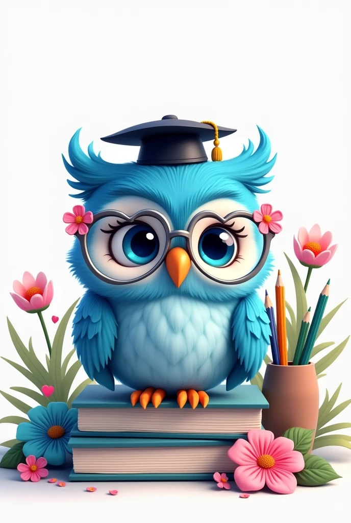an owl surrounded by books, cute owl in disney pixar style, with books, and a pencil holder, with pencils and books that remind us of the owl, the owl is wearing silver glasses that are heart shaped, blue owl with blue eyes, cute appearance, poucos livros e fundo branco with books e flores, Pixar-style, The owl's glasses are gold and the flowers are pink, There are pink flowers in the owl's golden glasses and the books are blue in color, pink and green and match the flowers, little owl has a teacher style graduation cap, the glasses have delicate flowers, delicate owl and pink rose flowers