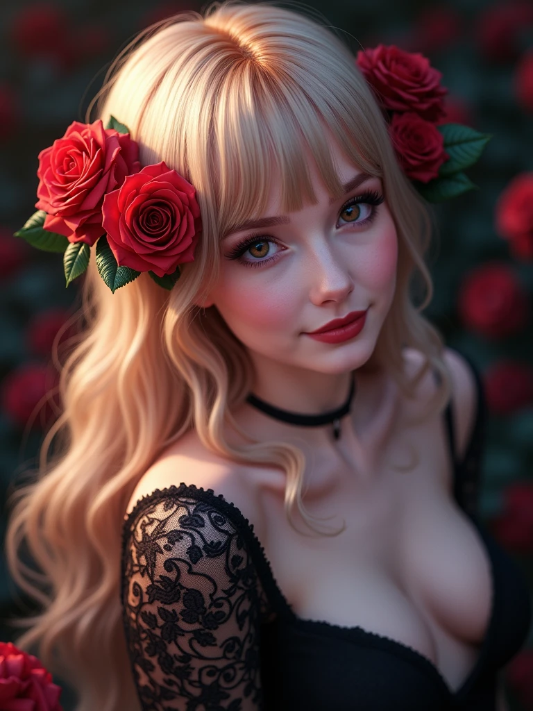 A young beautiful red-haired woman,Perfect and delicate face,beautiful eyes,In a sea of roses、happy smile、Happy expression,Wearing black lace wedding dress,Sexy big breasts