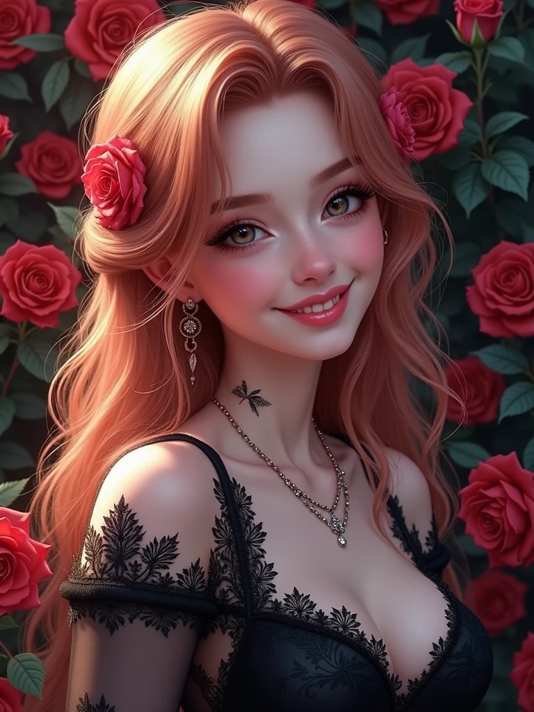 A young beautiful red-haired woman,Perfect and delicate face,beautiful eyes,In a sea of roses、happy smile、Happy expression,Wearing black lace wedding dress,Sexy big breasts