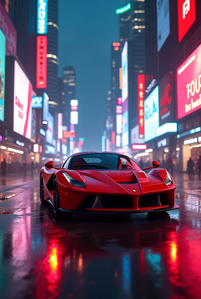 A red Ferrari 458 italia car, driving through a neon city at night, lots of glowing signs