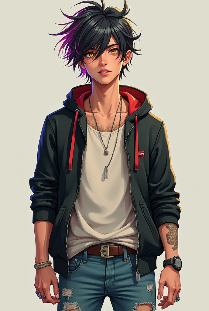 So this man is young, anywhere between the age 20-25, has messy, colorful hair, golden eyes, and fair skin. He's wearing a hoodie and ripped jeans, and has a plain necklace and a few rings.
He's also lean.
