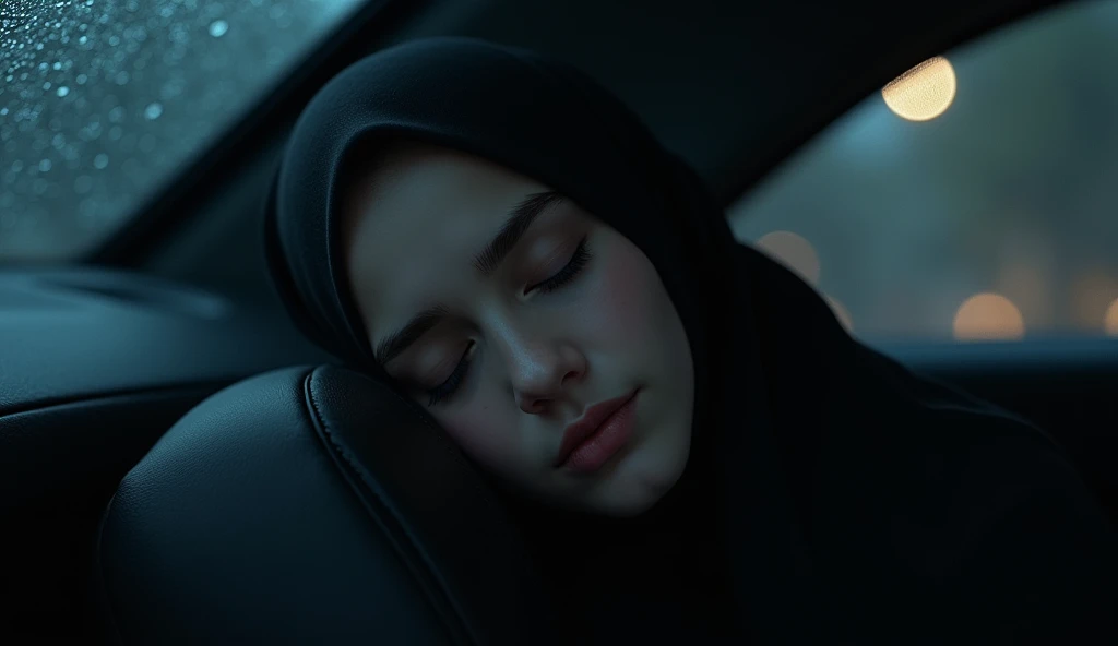 Beautiful black hijab girl sleeping in the car, midnight rain in the car glass Rain drops
