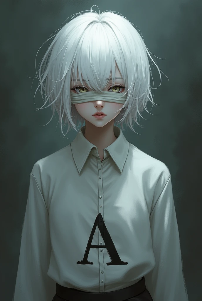 One with white hair with a ribbon covering his eyes and with a letter A on his shirt 