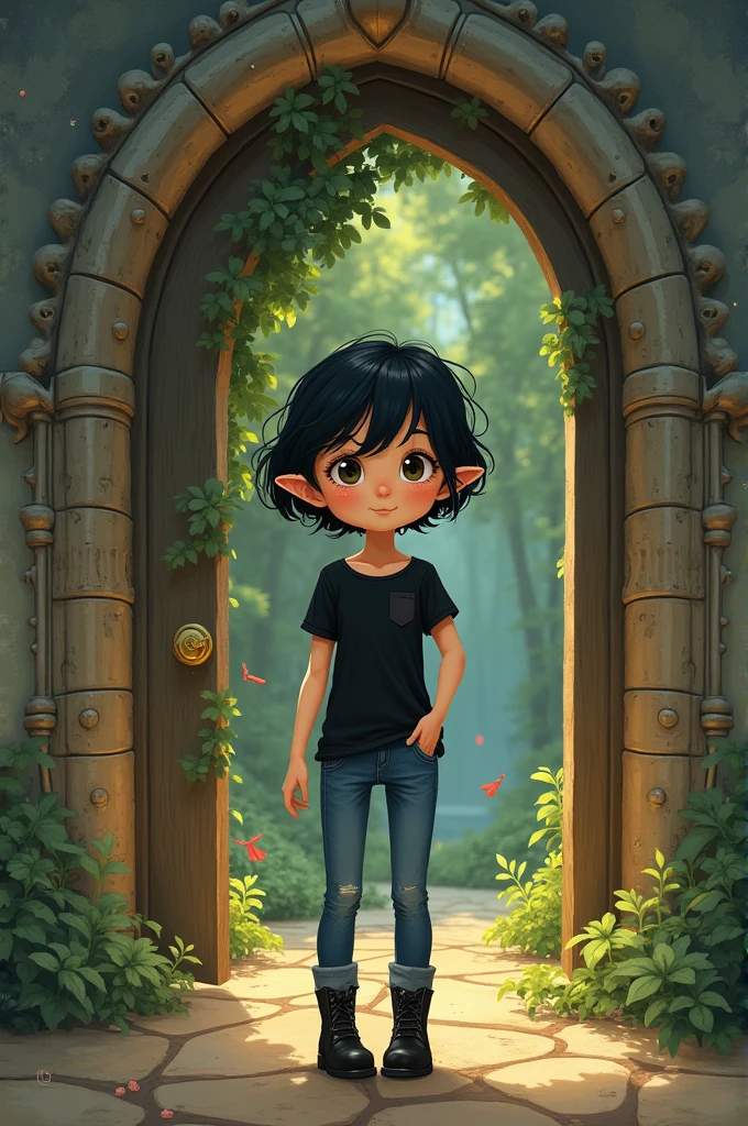 Drawing based on Coraline and the secret door of a short person, half full, short black wavy hair, with freckles, dressed in a black short-sleeved blouse, jeans and black ankle boots.