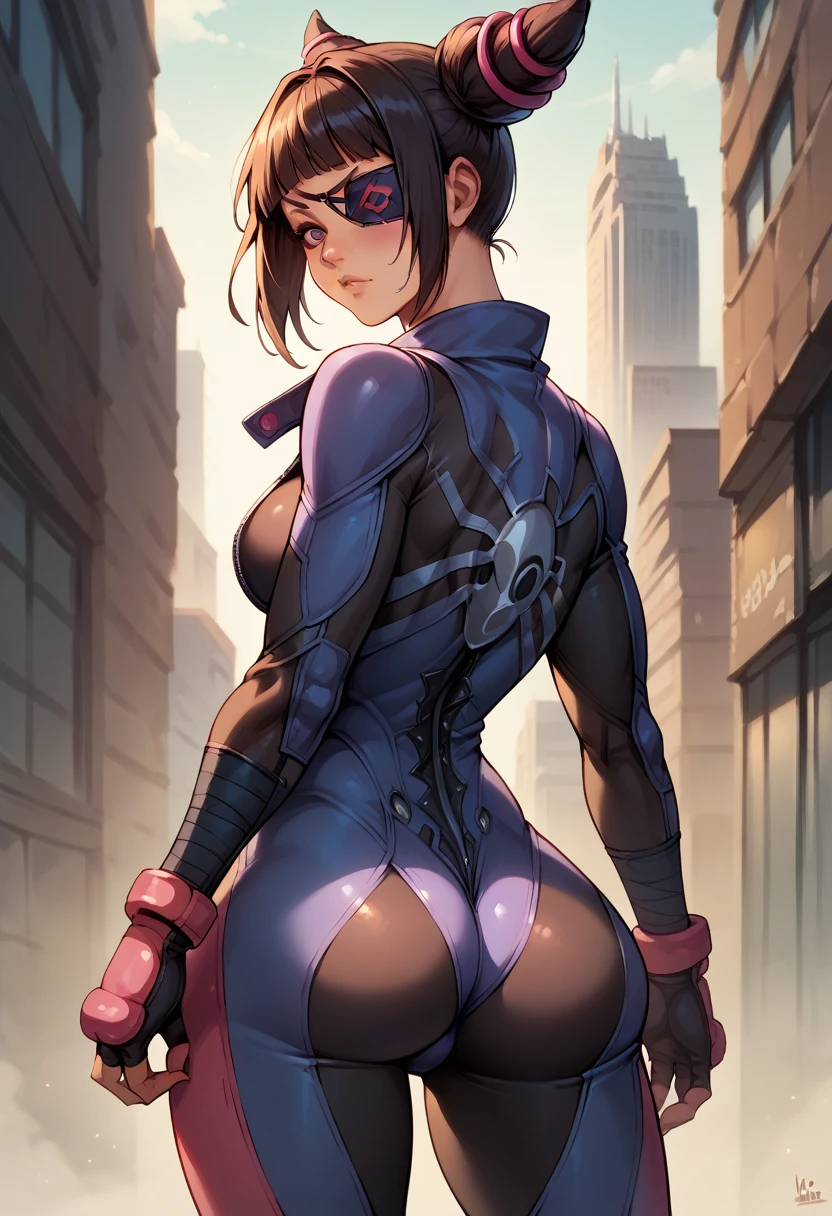 score_9, score_8_up, score_7_up, BREAK, score_9, JuriMS , sfv, hair horns, eyepatch, bodysuit, looking at viewer, cowboy shot, ass, from behind, city