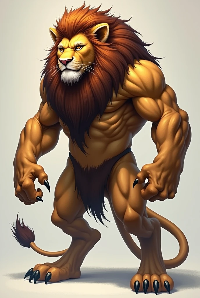 A large lion with sharp claws and a majestic mane. He represents strength and determination, with a fierce look and a haughty bearing,pronto para enfrentar qualquer desafio, side and front image