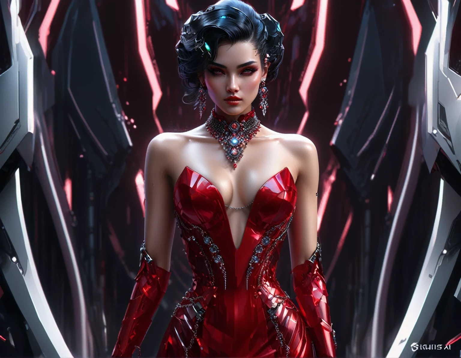 arafed woman in a red dress with a necklace and earrings, seductive cyberpunk dark fantasy, trendin on artstation, cyberpunk angry gorgeous goddess, fashionable futuristic woman, trending on artstation 4k, 3 d render character art 8 k, portrait of a cyborg queen, alexandra fomina artstation, cgsociety contest winner!!, deviantart artstation cgscosiety