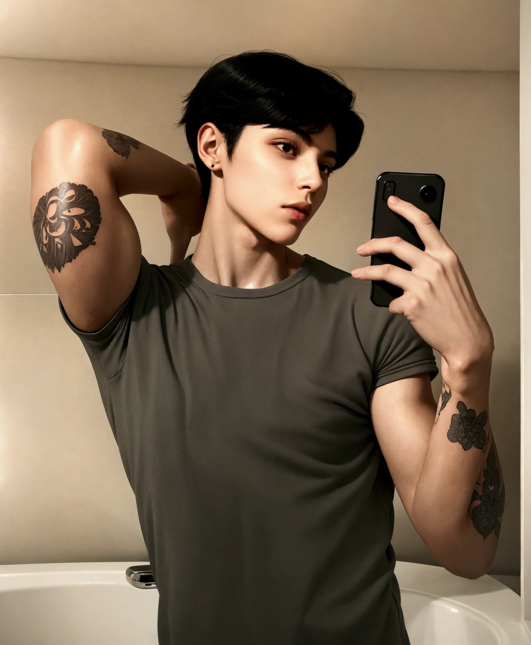 Man from Arafed taking a selfie in a bathroom mirror with a cell phone, delicate androgynous prince, androgynous male, with tattoos, beautiful androgynous prince, skinny arms, androgynous person, um non-binary model épico, Inspired by Luca Zontini, androgynous, non-binary model, Christian cline