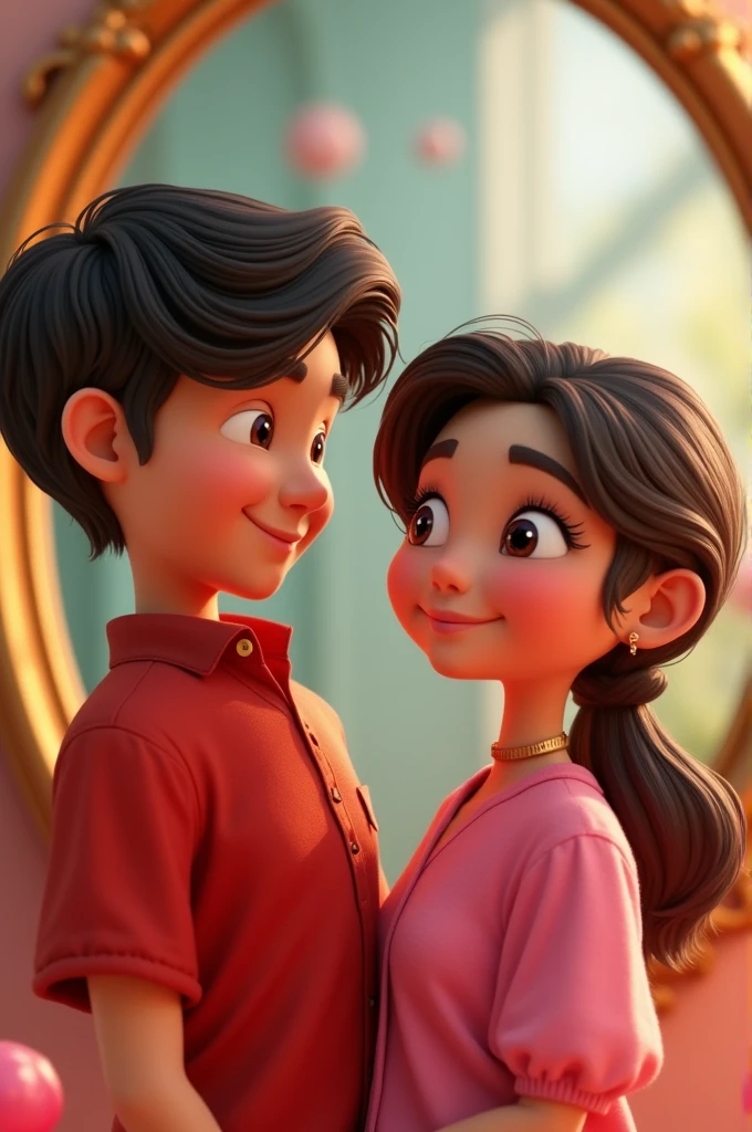 Pixar Disney 3D style image of a couple. The girl has a pink blouse and the boy has a red shirt and behind the girl there is a mirror. 