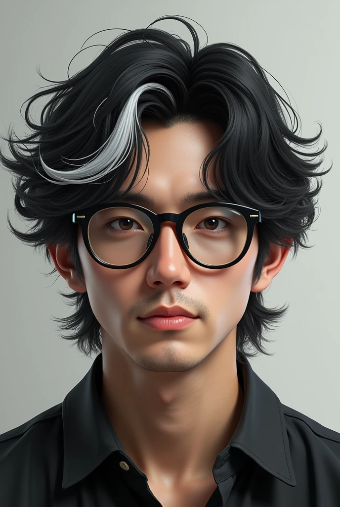 Hyper realistic image of a black haired man with glasses, Her hair has a white streak that fades to black, with mullet cut with wavy and medium-short hair (about 6cm)