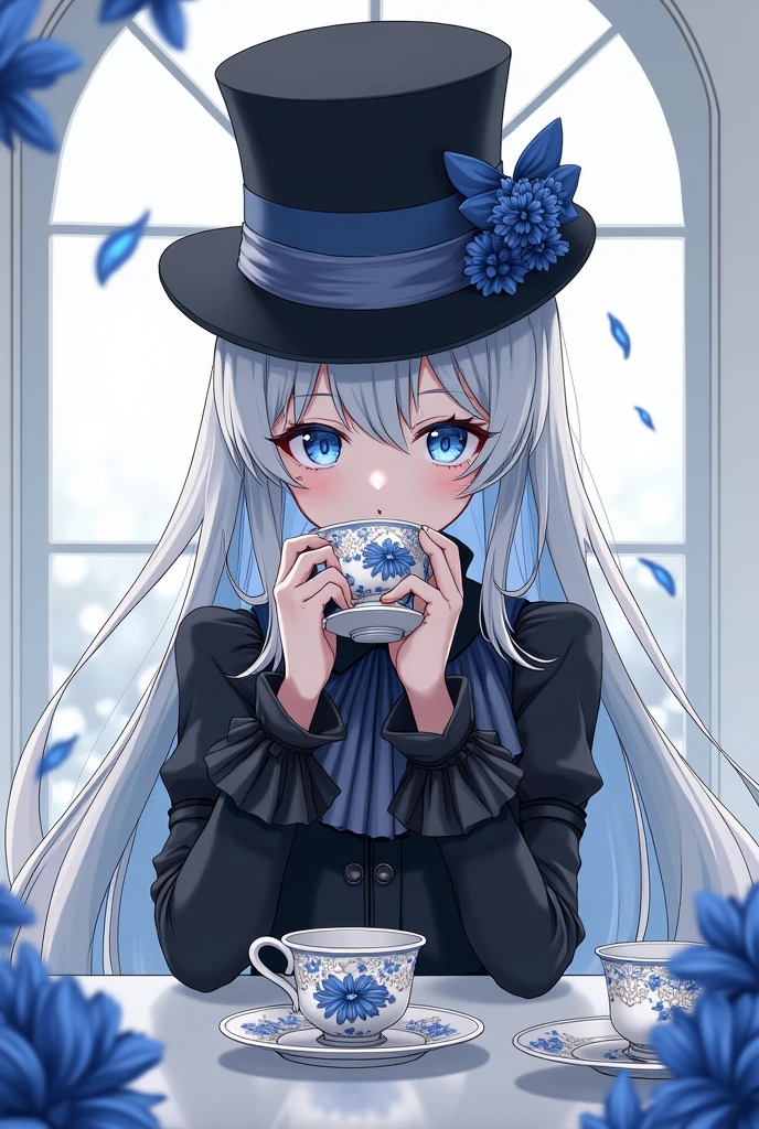 anime girl, mad hatter's hat, Sakuya Izayoi, young, Beautiful, flat chest, , by white, blue pupules, Drinking tea, elegant black victorian dress,