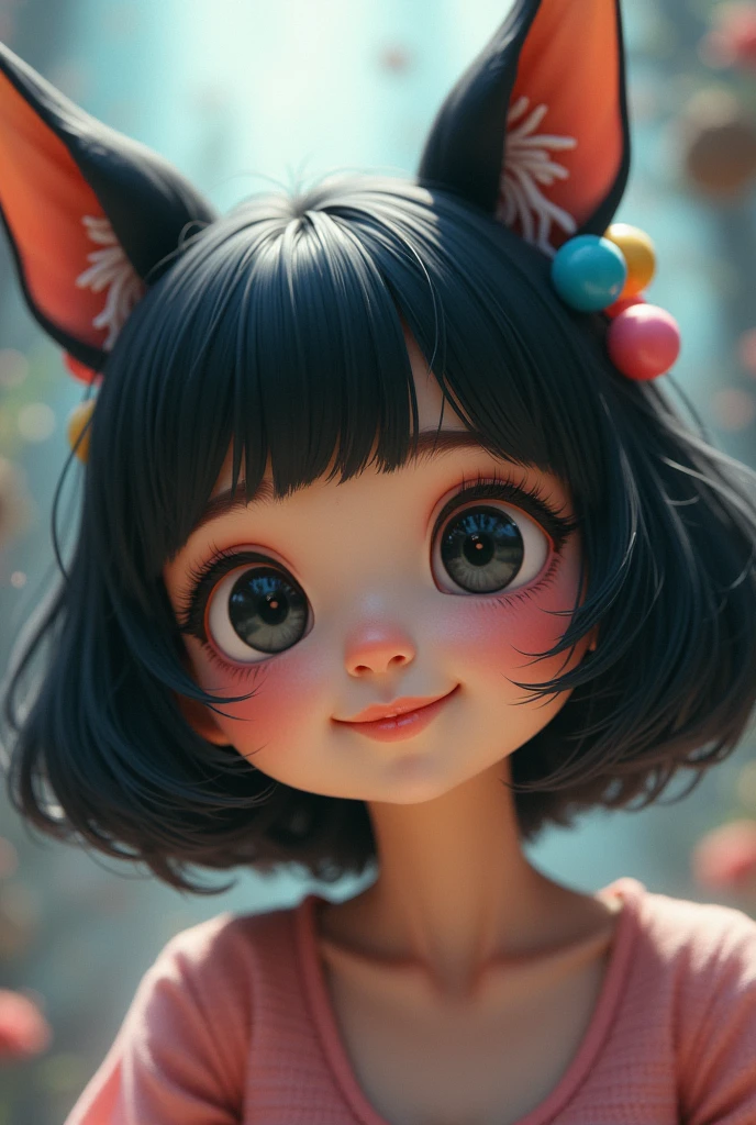 black hair, hair bobbles, wince, longeyelashes, solid circle eyes, fake animal ears, light smile, ear blush, fang, ccurate, Surrealism, drop shadow, anaglyph, stereogram, tachi-e, pov, atmospheric perspective, 8k, super detail, best quality, 8k, 8k, 8k, 8k, 8k
