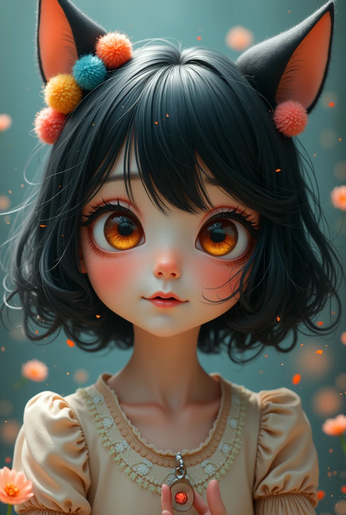 black hair, hair bobbles, wince, longeyelashes, solid circle eyes, fake animal ears, light smile, ear blush, fang, ccurate, Surrealism, drop shadow, anaglyph, stereogram, tachi-e, pov, atmospheric perspective, 8k, super detail, best quality, 8k, 8k, 8k, 8k, 8k