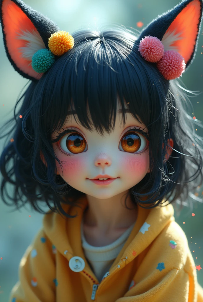 black hair, hair bobbles, wince, longeyelashes, solid circle eyes, fake animal ears, light smile, ear blush, fang, ccurate, Surrealism, drop shadow, anaglyph, stereogram, tachi-e, pov, atmospheric perspective, 8k, super detail, best quality, 8k, 8k, 8k, 8k, 8k