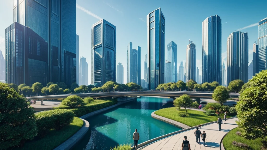 scifi, beautyful futuristic park, architectual, organic skyscraper, space design, cyberpunk, futuristic, lake, people, hightech, hard-surface design, daylight, much tech, much electronic, very cozy, ambient light, realistic view, wide angle, year 2224