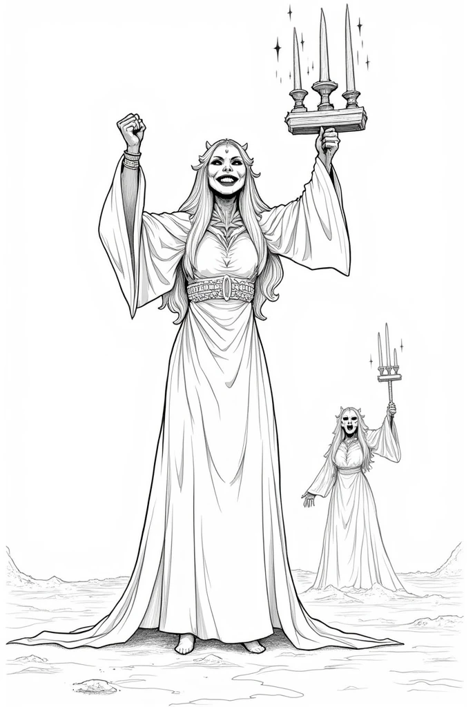 Create a lineart illustration Setting: Show Notwen with the ark and the Trinities, looking triumphant and malicious. Marine could be in the background, frozen and terrified, while Notwen displays the relics and gives an ominous reading.