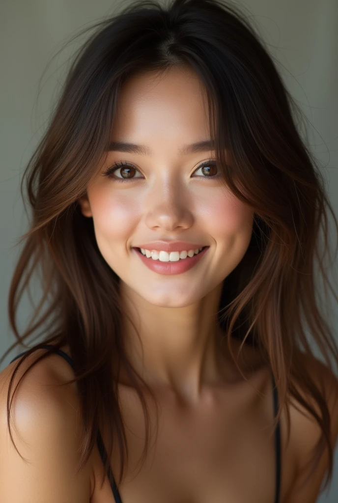 Pretty beautiful brunette, angle parfait, very detailed, , visage affectueux, long messy hair, Brown eyes, high resolution, head of&#39;artwork, best quality,intricate details, very detailed,sharpness, detailed skin,realistic skin texture,texture, detailed eyes, professionnel, 4K, ssmile, shot with Canon, 85mm,shallow depth of field,kodak vision color, eye shadow, extremely detailed, photo_\(ultra\), photorealistic, realistic, Post-traitement, maximum detail, roughness, real life, ultra realistic, photorealism, la photographie, 8k uh, la photographie, a la cuisine, en sous vetements