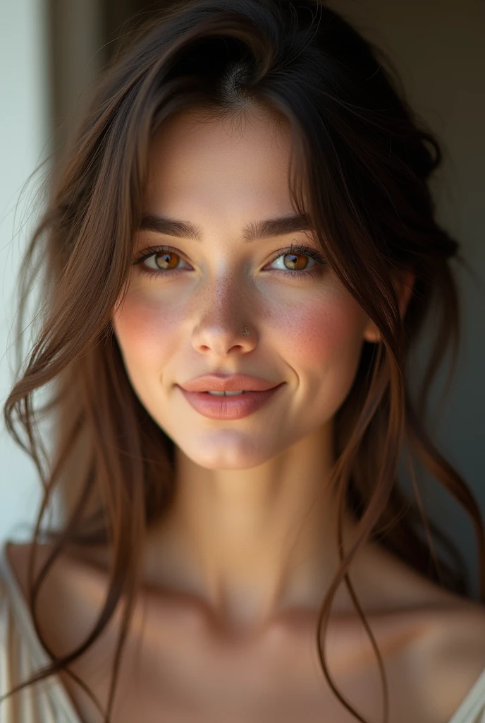 Pretty beautiful brunette, angle parfait, very detailed, , visage affectueux, long messy hair, Brown eyes, high resolution, head of'artwork, best quality,intricate details, very detailed,sharpness, detailed skin,realistic skin texture,texture, detailed eyes, professionnel, 4K, ssmile, shot with Canon, 85mm,shallow depth of field,kodak vision color, eye shadow, extremely detailed, photo_\(ultra\), photorealistic, realistic, Post-traitement, maximum detail, roughness, real life, ultra realistic, photorealism, la photographie, 8k uh, la photographie, a la cuisine, en sous vetements