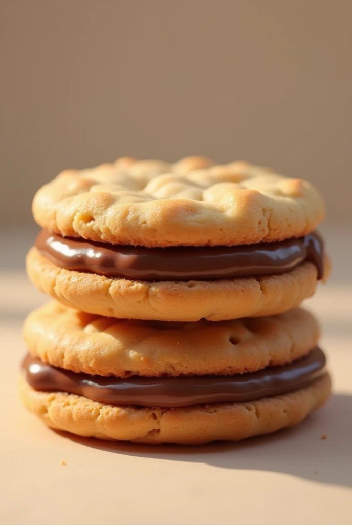 Two cookies on top of each other filled with Nutella between them