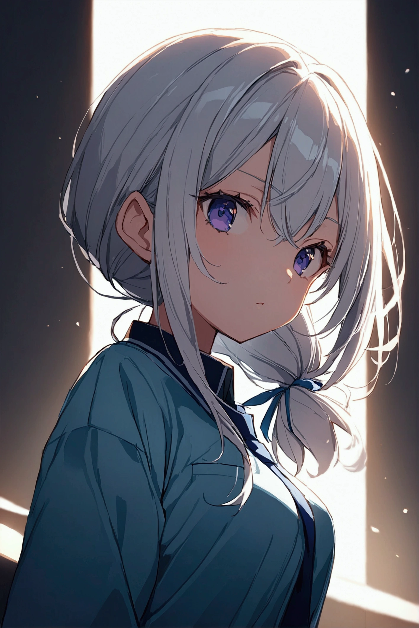 アニメ, female character ,alya-san,beautiful silver hair with a ribbon tied ,student uniform ,medium breasts ,ultra quality .