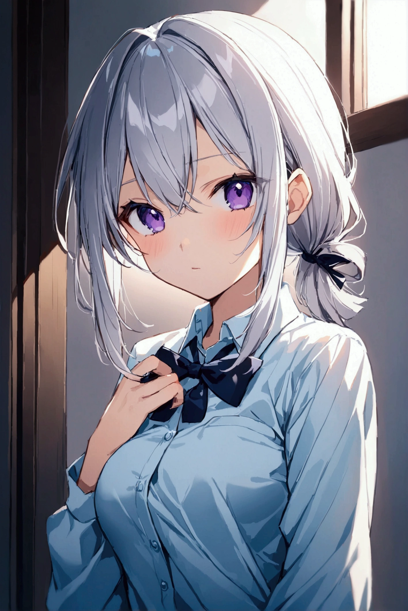 アニメ, female character ,alya-san,beautiful silver hair with a ribbon tied ,student uniform ,medium breasts ,ultra quality .