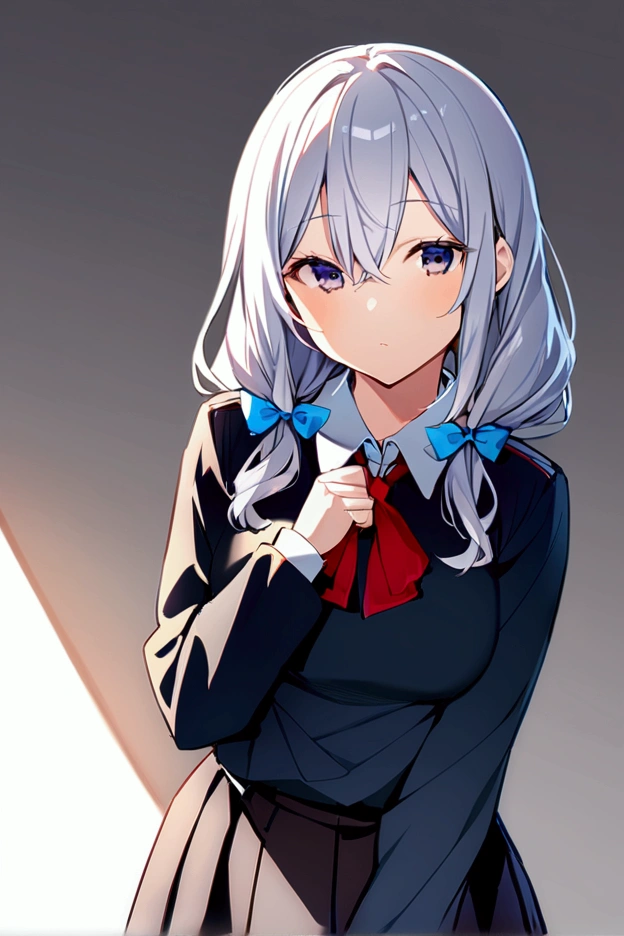 アニメ, female character ,alya-san,beautiful silver hair with a ribbon tied ,student uniform ,medium breasts ,ultra quality .