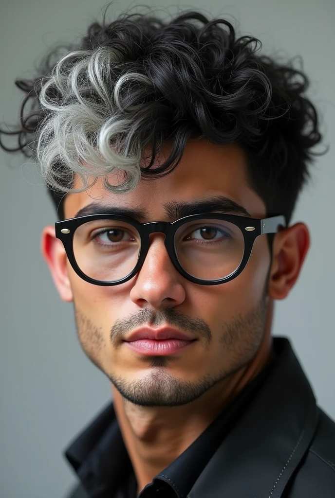Hyper realistic image of a black haired man with glasses, Her hair has a white streak that fades to black, with mullet cut with curly and medium-short hair (about 6cm) Chilean