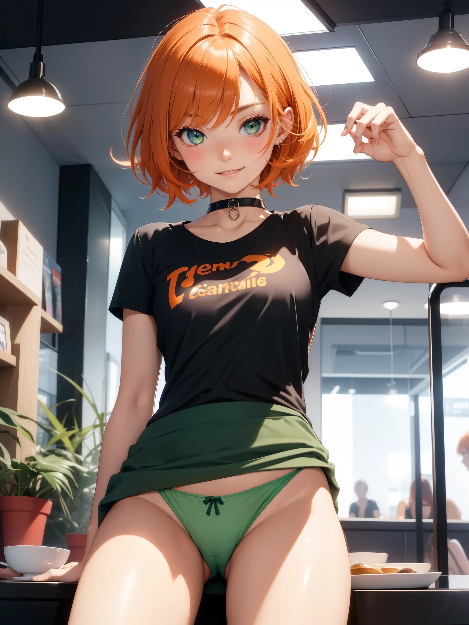 super high image, super detail, super high resolution, cute 18 year old girl, skinny, small breasts, no cleavage, moist shiny lips, grinning, mischievous, pointing straight at camer, light-orange hair, messy wild short hair, green sparkling eyes, glossy dark eyeshadow, shiny skin, choker, t-shirt, upskirt, translucent panties, cameltoe, night time, cafe