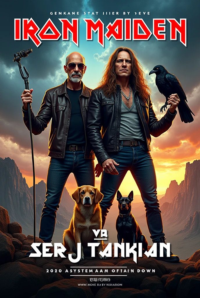 Flyer for rock event, with a tribute to Iron Maiden and System Of A Down theme, with pets and/the vocalists of both leading bands, without any typography or any other information.