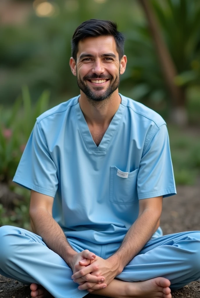 A white Caucasian man in his 40s, barefoot, facing forward. short black hair. Without beard. Wearing a light blue nurse-style overall. realist. In a spiritual environment. Without beard. Relaxed attitude with some movement in the arms. slight smile. Keep this image. 