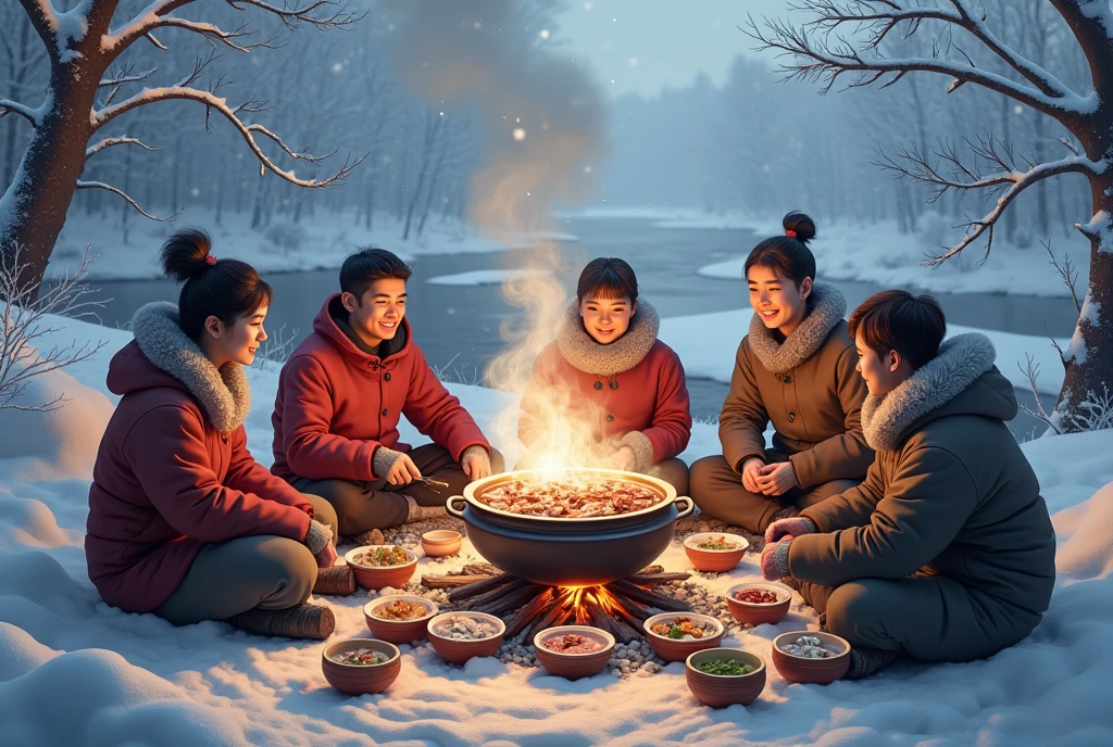 Hot pot in the snow,firewood,camping,hot,Steaming,There is meat.,There are dishes,With tofu,mushroom,Heavy snowfall,There is a river in the distance