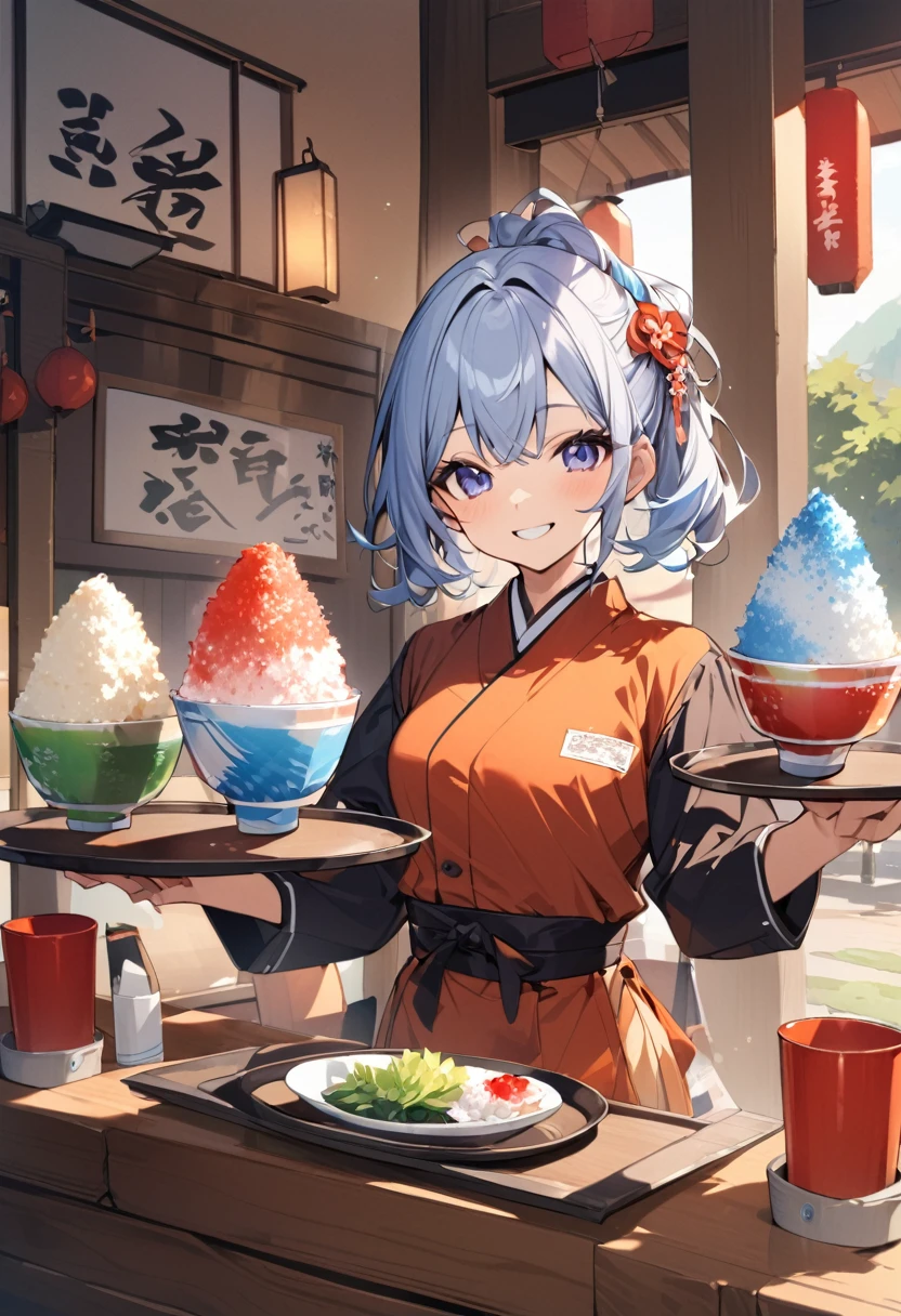 High-quality images、navy monk's working clothes、Beautiful girl clerk、They bring shaved ice on a tray.、smile、The background is a Japanese-style cafe
