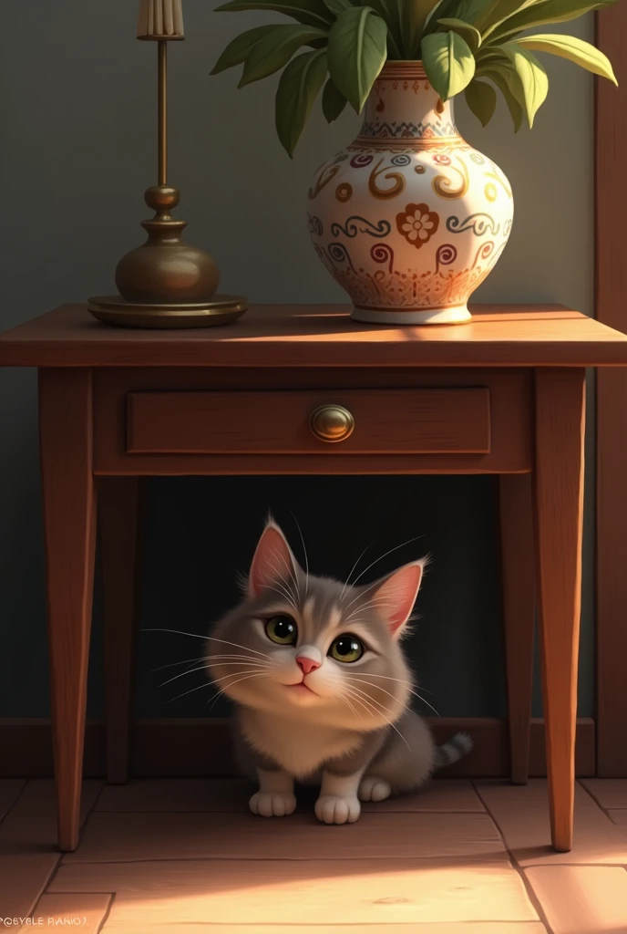 Cat under the table on the vase