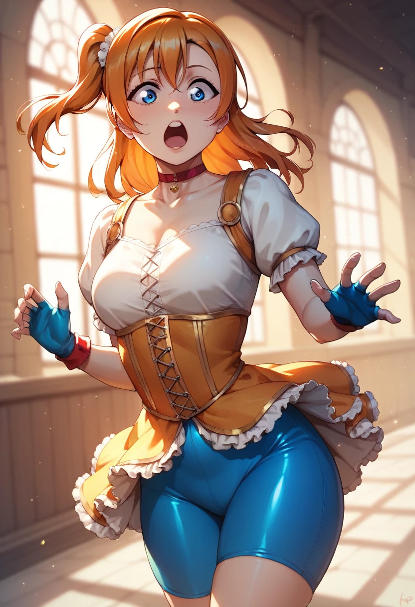 wow,masterpiece, solo,best quality, backlight effect, thighs, blue eyes ,(lipstick:0.7), kousaka honoka love live, skin tight, red choker, blue fingerless gloves, orange hair, shocked, standing, medieval village 