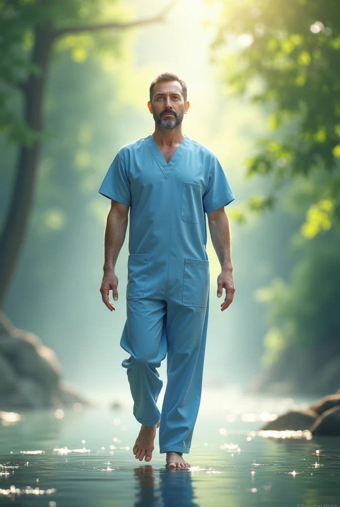 A white Caucasian man in his 40s, barefoot, facing forward. short black hair. Without beard. Wearing a light blue nurse-style overall. realist. In a spiritual environment. Without beard. Relaxed attitude with some movement in the arms. slight smile. Keep this image. Without beard