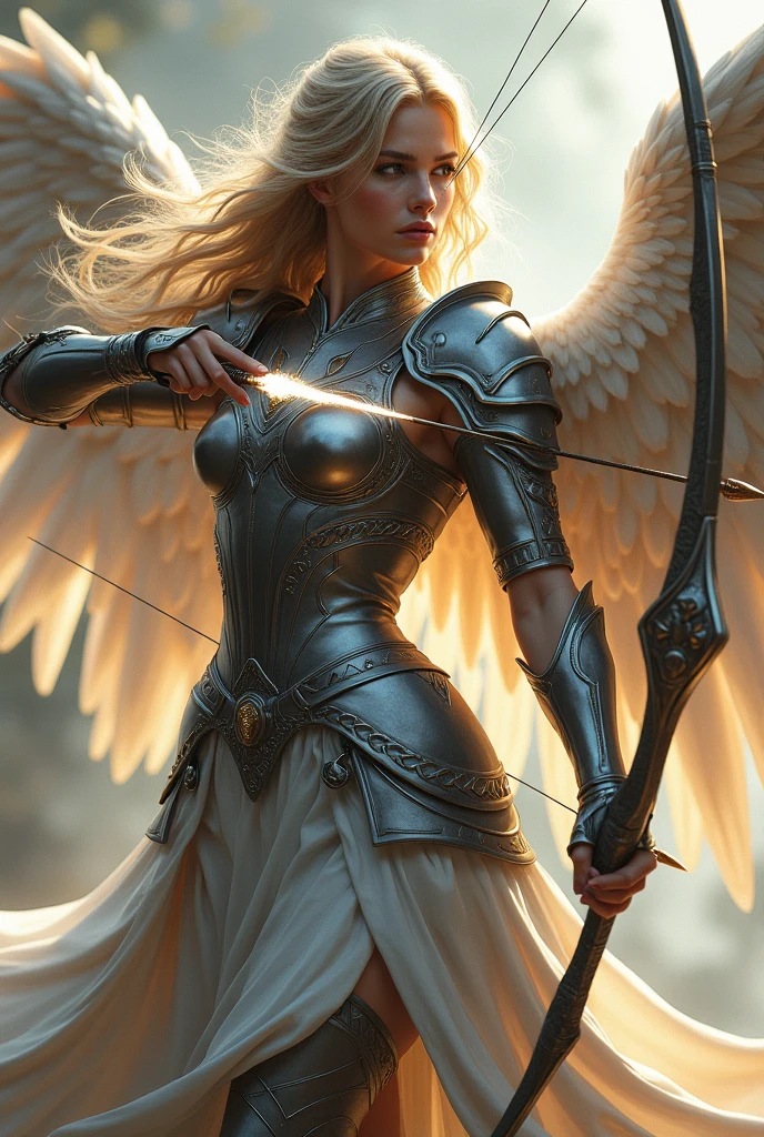 (photorealism:1.2), Badass Warrior, Angel, graceful, woman, fully armored in angelic theme, holding a bow, six wings, blonde hair, white fire arrow ready to shoot, realistic, 