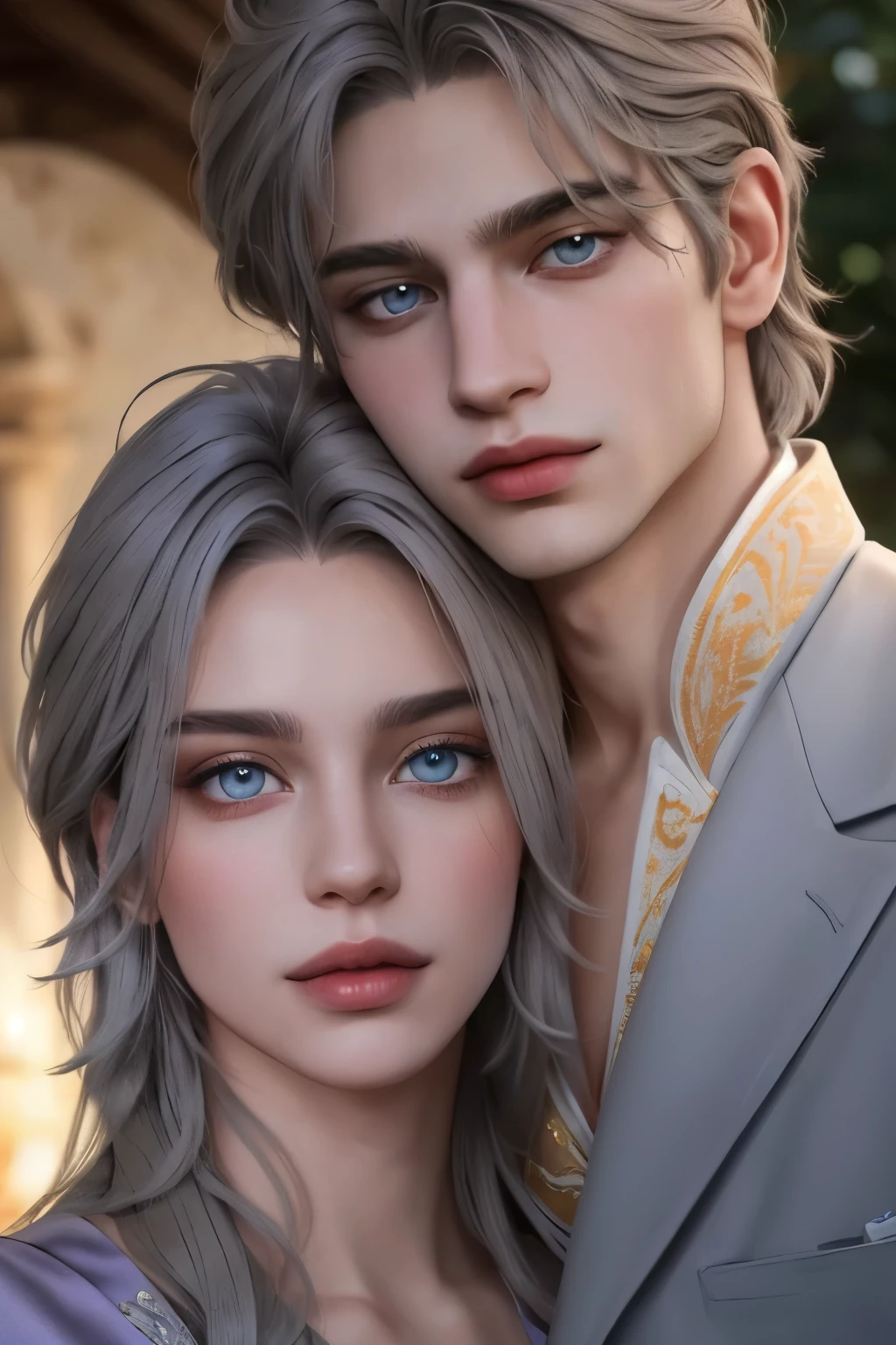 ((hyper realistic)), (masterpiece), (5K), (best quality), detailed,(perfect face), 2d Couple, ((a young gray hair couple)), ((a gray long hair woman , vivid eyes, small boobs, purple dress)), brown eyes, ultra well detailed eyes, ((a short gray hair guy, wearing a prince cloth, royal clothes)),((a man with a short hair)), beautiful couple pose, (summer night walk),((perfect eyes))