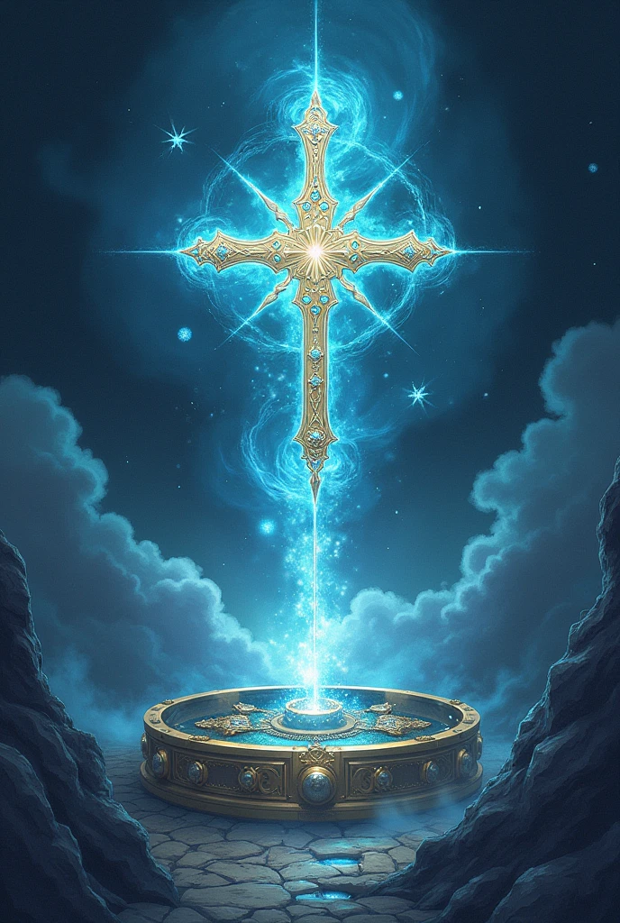 Create a lineart illustration Scene: Illustrate the opening of the ark and the revelation of the Trinities – the golden cross and the silver moons with sapphires. The image can have an ethereal glow, contrasting with the dark and chaotic surroundings.