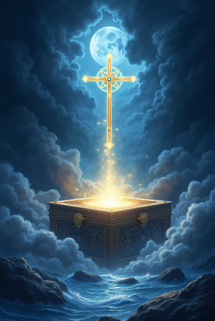 Create a lineart illustration Scene: Illustrate the opening of the ark and the revelation of the Trinities – the golden cross and the silver moons with sapphires. The image can have an ethereal glow, contrasting with the dark and chaotic surroundings.