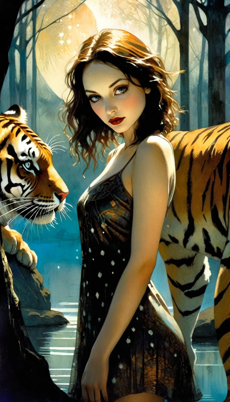 sexy girl and her pet tiger, sexy dress, next to a lake, a tree, a magical night with stars, loving (best quality, 4k, 8k, high resolution, masterpiece: 1.2), ultra detailed, (realistic, photorealistic , photorealistic : 1.37), intricate details, vivid colors, sharp focus, professional, artwork by Dave McKean, surreal oil touch, oil painting style, portrait, woman, beautiful detailed eyes, beautiful detailed lips, dreamlike atmosphere , shadow play, soft lighting, fun. pose, dark tones, ethereal background, fantasy elements, texture, layered composition. art inspired by Bill Sienkiewicz and Dave McKean
