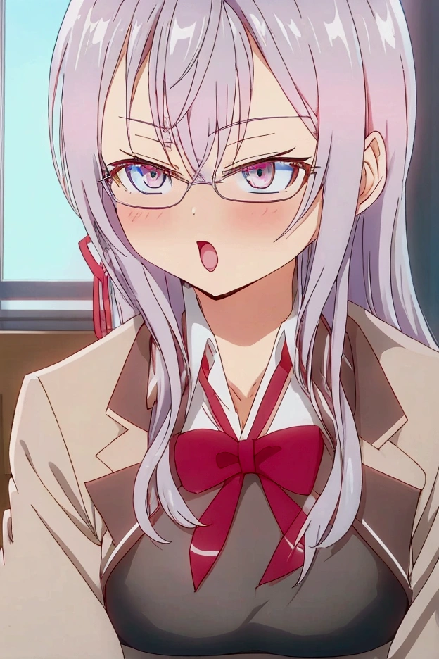 アニメ, female character ,alya-san,beautiful silver hair with a ribbon tied ,student uniform ,medium breasts ,ultra quality .