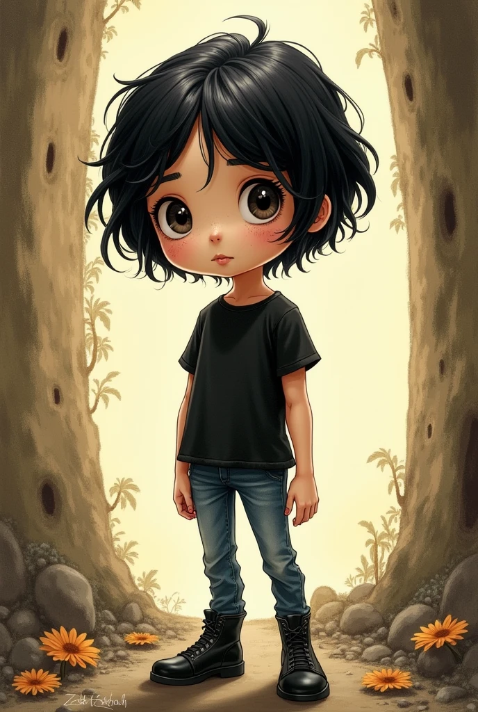 Drawing based on the movie Coraline and the secret door of a short person, half full, short black wavy hair, with freckles, dressed in a black short-sleeved blouse, jeans and black ankle boots.