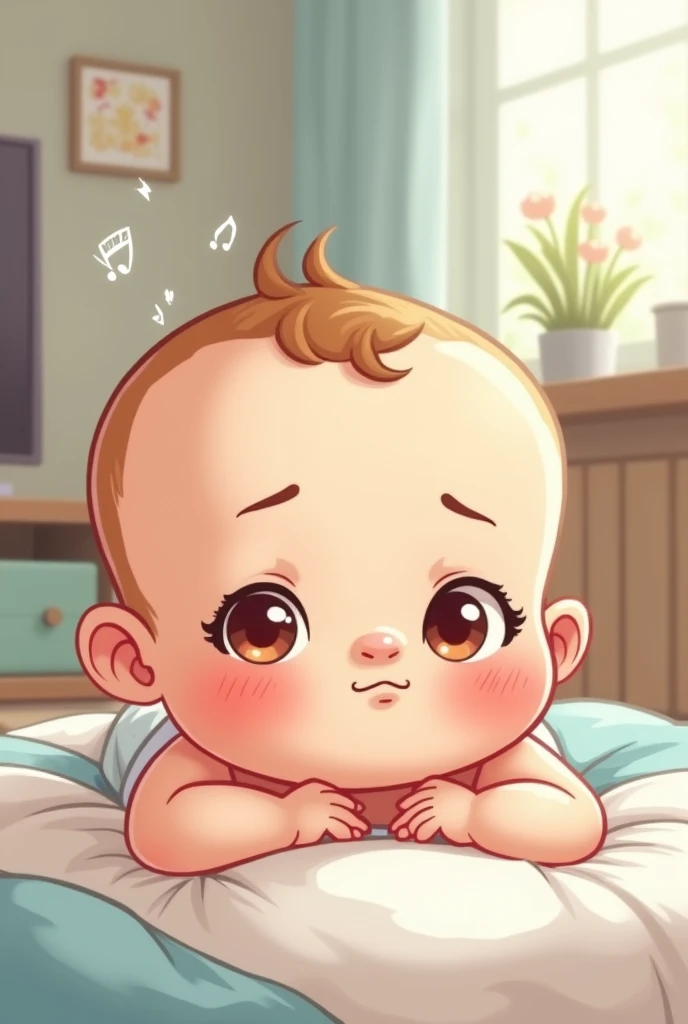 Draw a cartoon of a calm baby listening to his mother&#39;s voice or relaxing music, and with an expression of discomfort at loud noises.