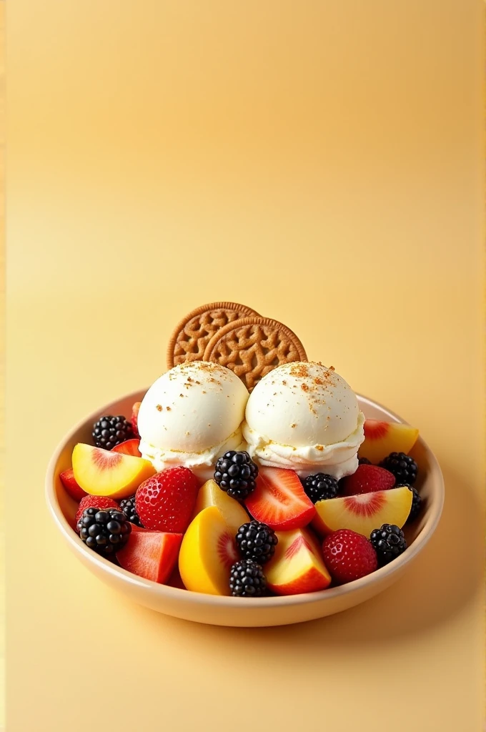 Fruit salad with two servings of ice cream ,decorated with a little cream and cookies Single color background